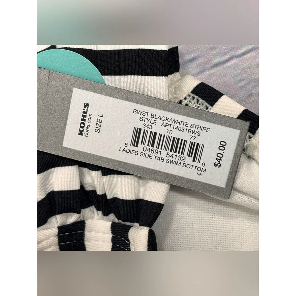 NWT Apt. 9 Black White Stripe Vacation Beach Bathing Suit Bikini Bottom L